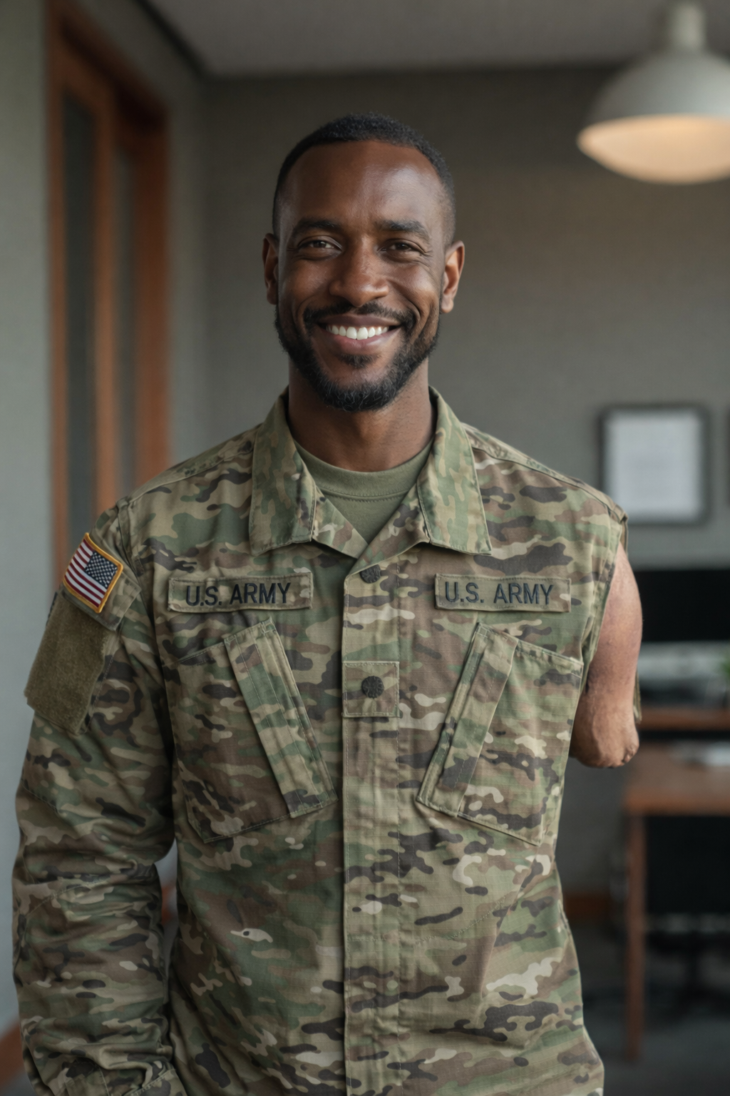 Veteran with prosthetic arm in professional business attire