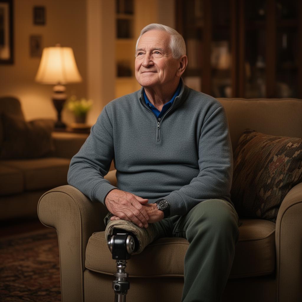 Veteran with prosthetic leg in comfortable home environment
